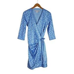 Gretchen Scott Wrap Me Up Dress 3/4 Sleeve Stretch Size M Blue Jersey Geo Print